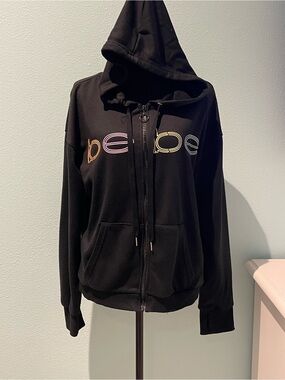 bebe Black Zip-Up Hoodie with Multicolor Logo